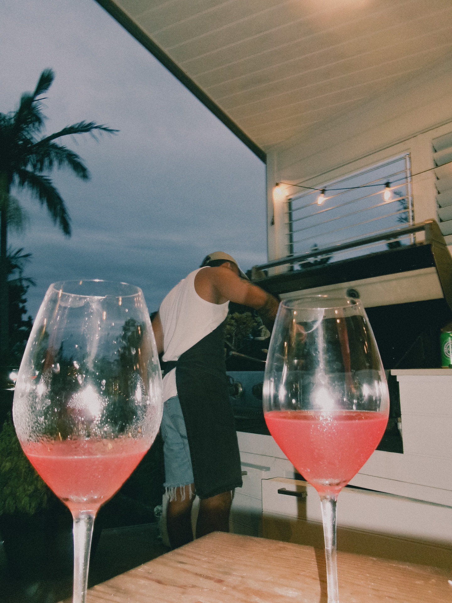 Two glasses at dusk, palms behind